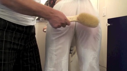 WHITE PANTS CRIMSON BOTTOM - WET BOTTOM SPANKING WITH HAIRBRUSH &amp; BATH BRUSH